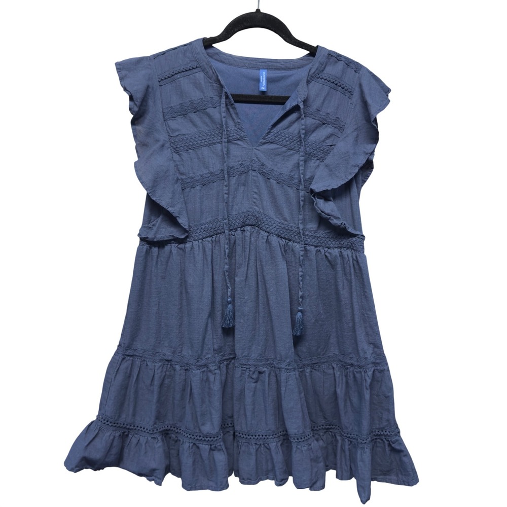 Weekend Navy Blue Cotton Tiered Mini Dress Flutter Sleeve Lace Tassels Small